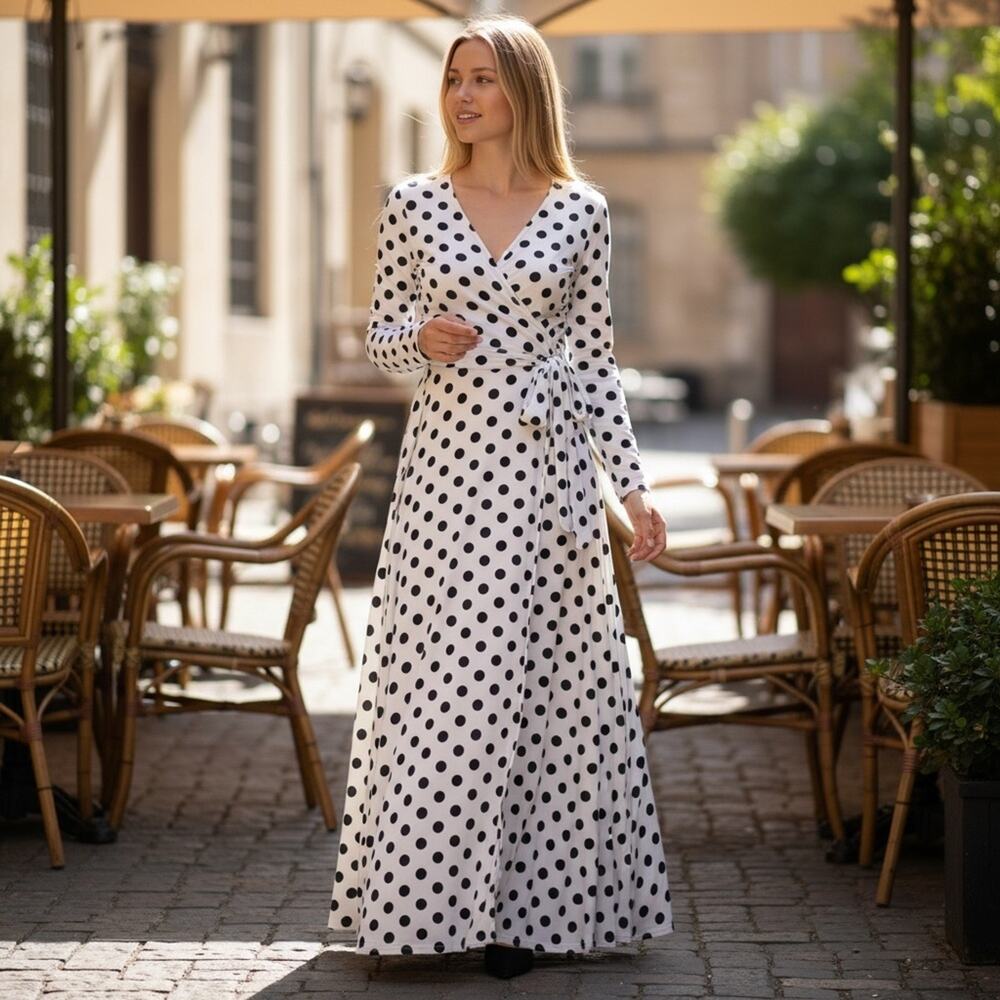 BEWARE Women’s Small White Blue Polka Dot Maxi Dress